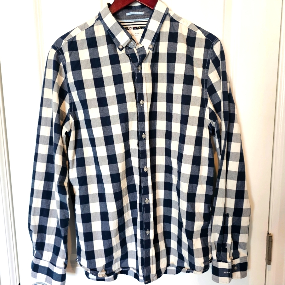 Denim & Flower Dark Blue Plaid Button-Up Men's Top - Excellent Condition